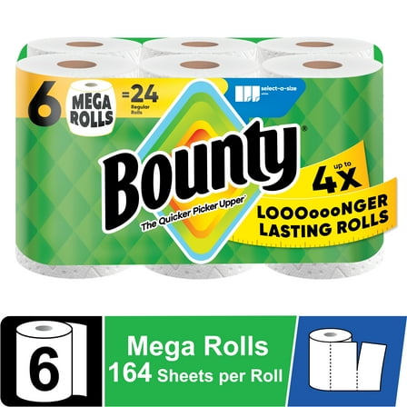 Bounty Paper Towels Select-A-Size White, 6 Mega Rolls, 164 Sheets per Roll