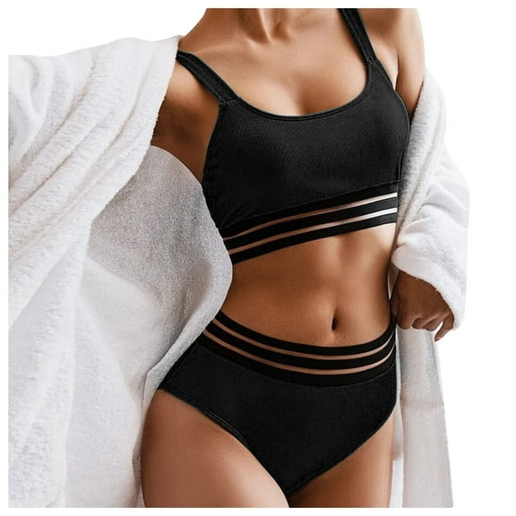 MSJUHEG Spaghetti Straps,Plus Size Bathing Suit for Women,Bikinis Set,Mid Rise Bikini Sets for Women,Bathing Suits for Women,Bathing Suits,Retro Swimsuit for Women Black L