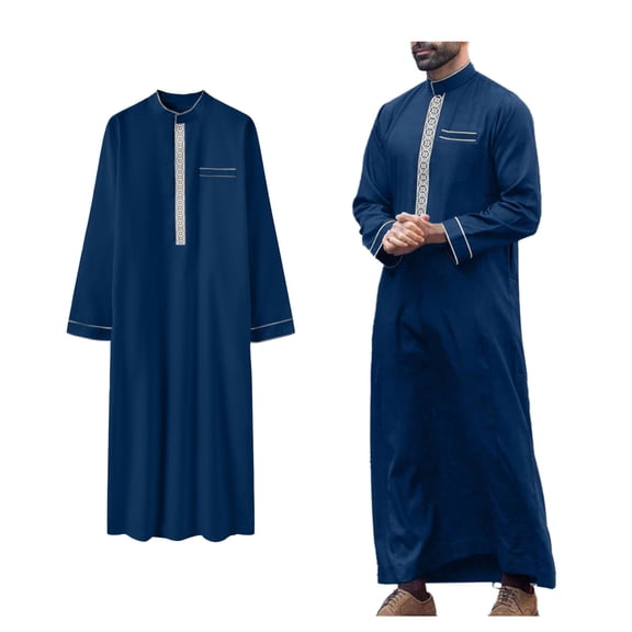 Kaftan Thobe for Men Casual Long Sleeve Mens Robes Crew Neck Muslim Men Thobe Blue Thobe for Men