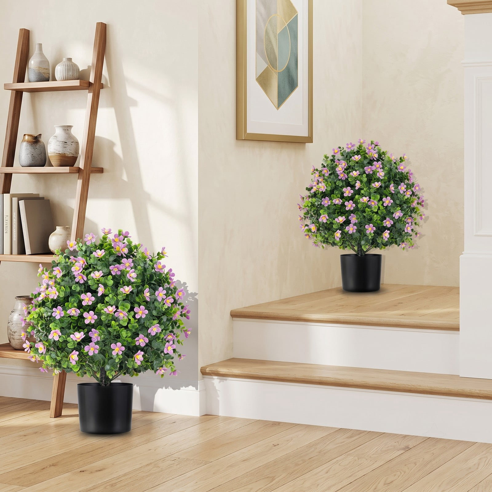 ALPULON 2 Pack Artificial Boxwood Topiary Ball Trees, 21.5 Inch Faux Shrub Bushes with Purple Flowers, Cement-Filled Base Fake Potted Plants for Front Porch, Purple