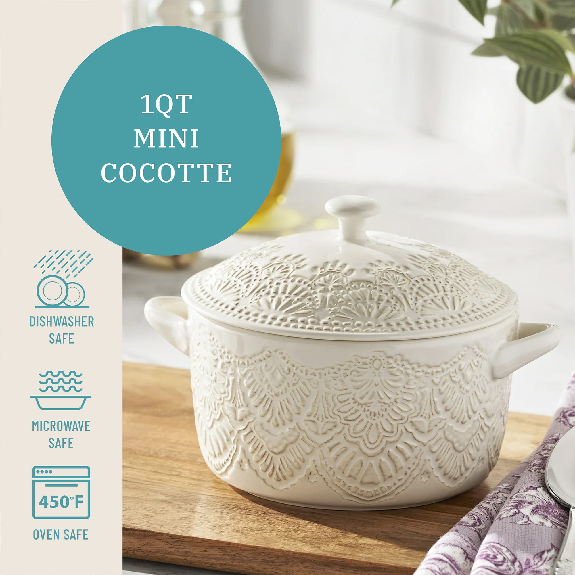 The Pioneer Woman Vintage Lace 7.25” 1 qt Ceramic Casserole Dish, Mini Cocotte Baking Dish with Lid, Linen