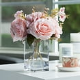 thumbnail image 2 of Enova Home Mixed Artificial Silk Rose Flower in Rectangle Glass Vase, Fake Floral Arrangement in Vase with Faux Water (Pink), 2 of 4