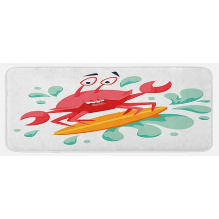 

Ride the Wave Kitchen Mat Caricature Crab Surfing in the Sea Sports Adventure Illustration Plush Decorative Kitchen Mat with Non Slip Backing 47 X 19 Dark Coral Mint Orange by Ambesonne