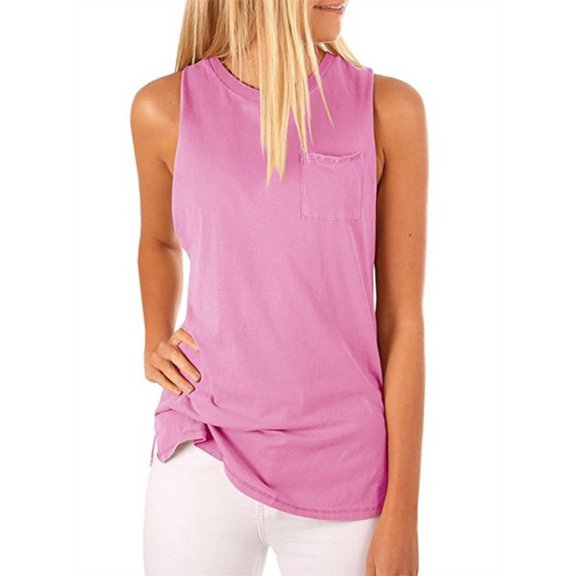 Solid Color Women Sleeveless Vest Shirt with Pocket