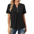 thumbnail image 3 of Uootdi Casual Tops for Women Short Sleeve V Neck Button Placket Ruched Hem Casual Daily Lightweight Tees Gift, 3 of 9