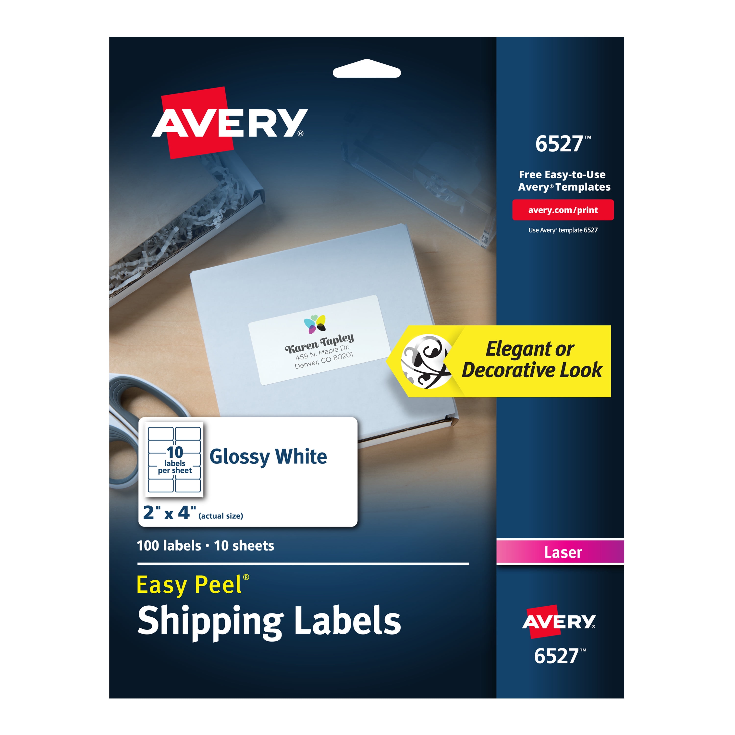 Avery Shipping Labels, Sure Feed Technology, Laser Only, 2' x 4', 100 Glossy Labels (6527)