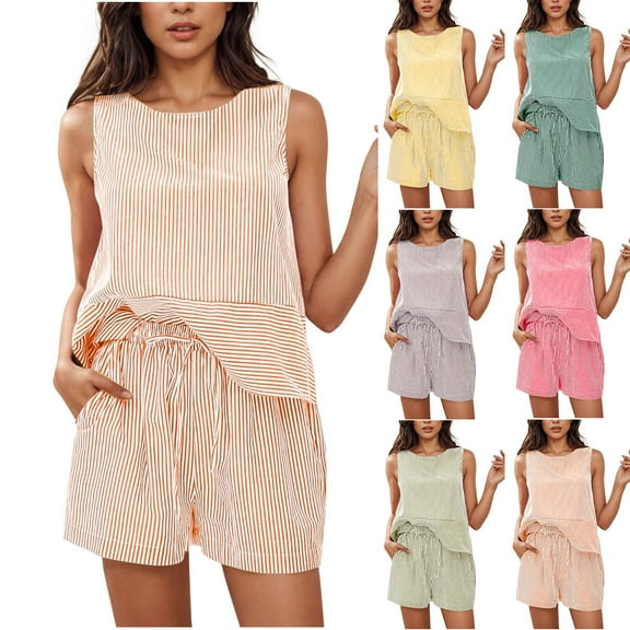 pstuiky Shorts Pajama Set for Women Oversized Striped Print Lightweight Pajama Set Casual Loose Fit Crew Neck Sleeveless Sleepwear with Shorts Women'S Loungewear Sets Army Green S