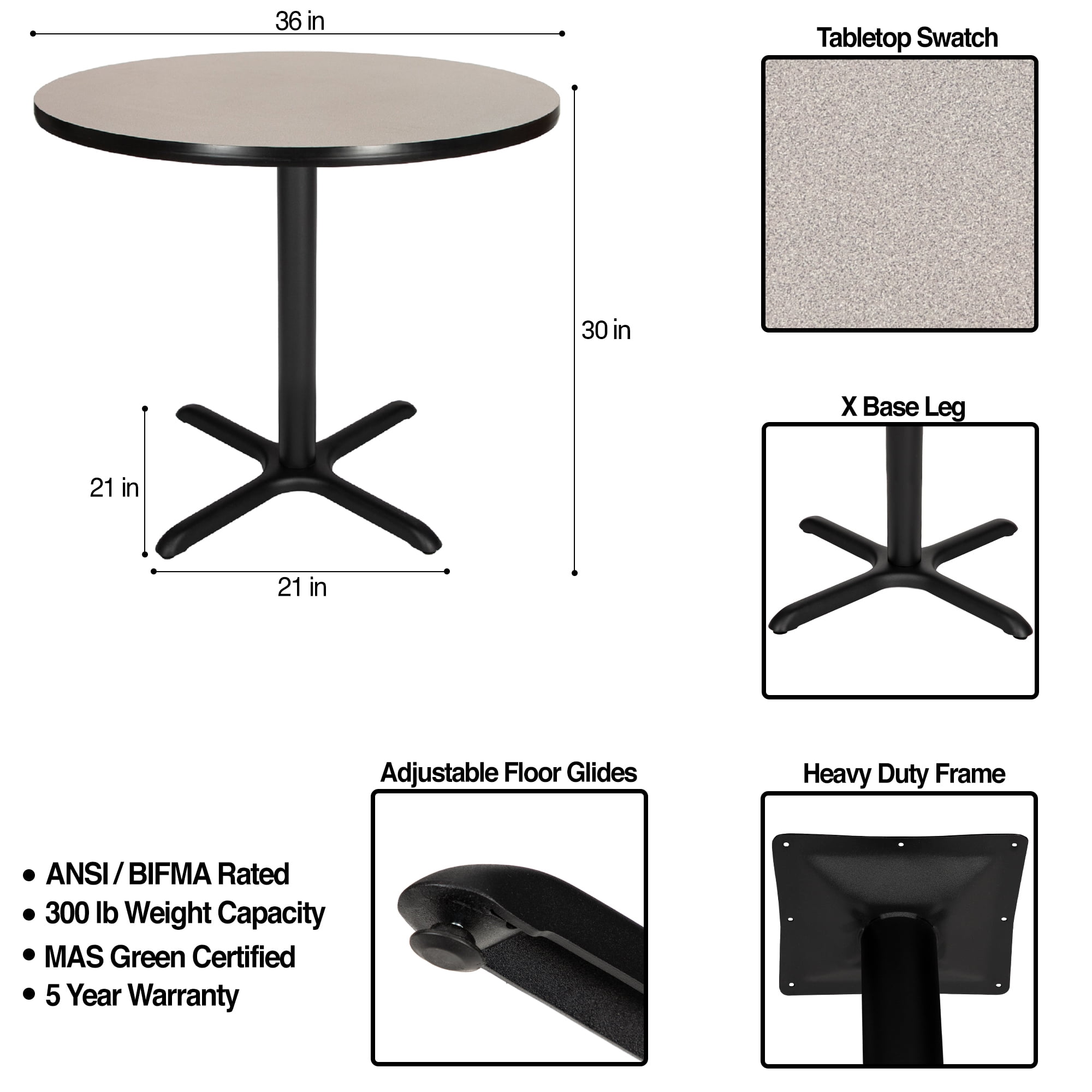 Hampden Furnishings Bennet Collection Steel Frame 36" Round Top, X Base, 30" Height Cafe Table, Black Frame/Grey Nebula Top