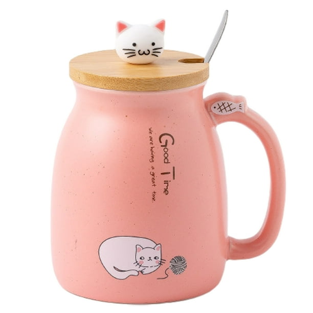 Linda taza de café de cerámica Linda tapa de gato con cuchara Posavasos Kawaii Taza de té novedosa Taza femenina rosa Taza de Navidad Regalo del día de la madre Regalo de cumpleaños 450ML