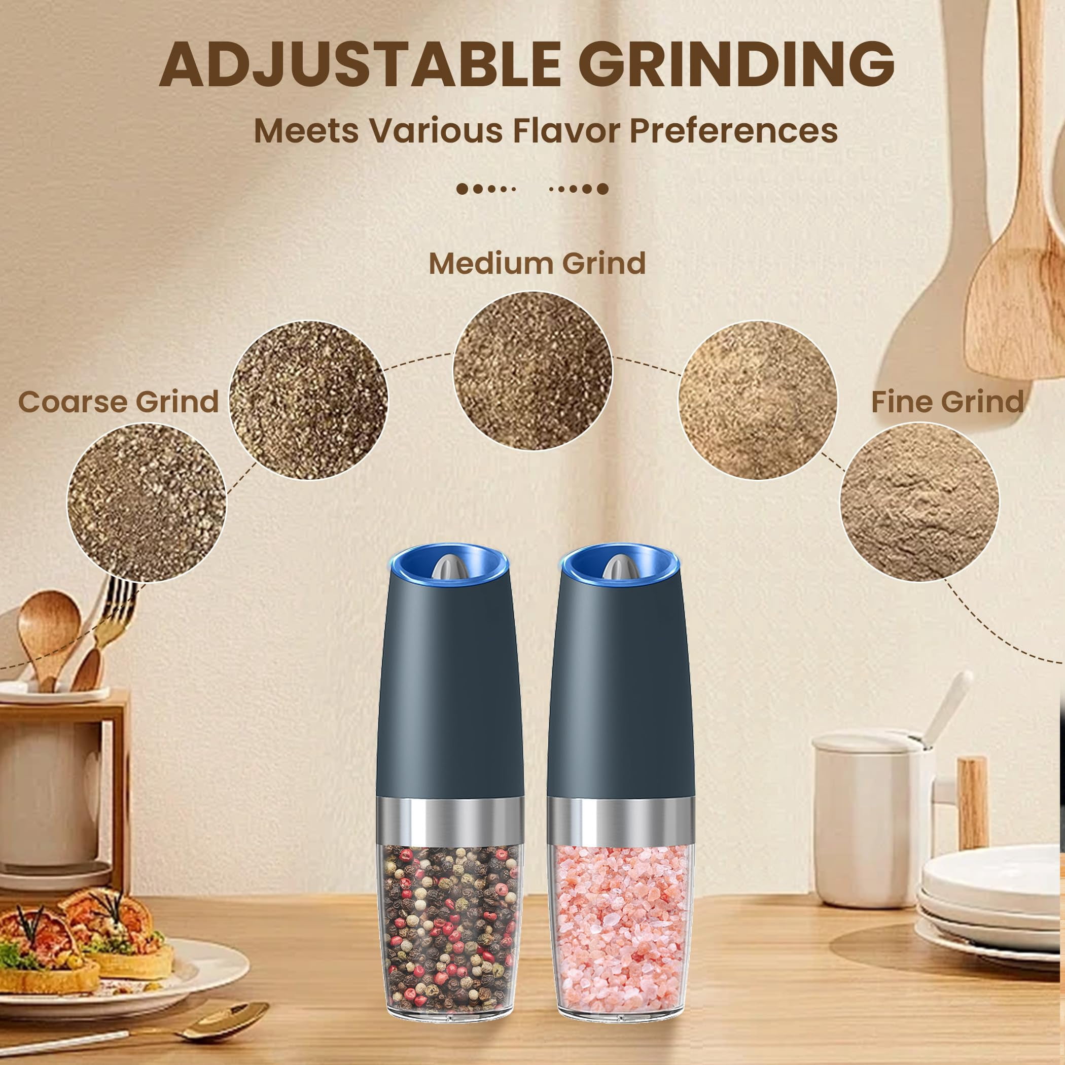 Electric Salt and Pepper Grinder Set, Battery Operated Automatic Grinders with Adjustable Coarseness and LED Light, 2 Pack, Black