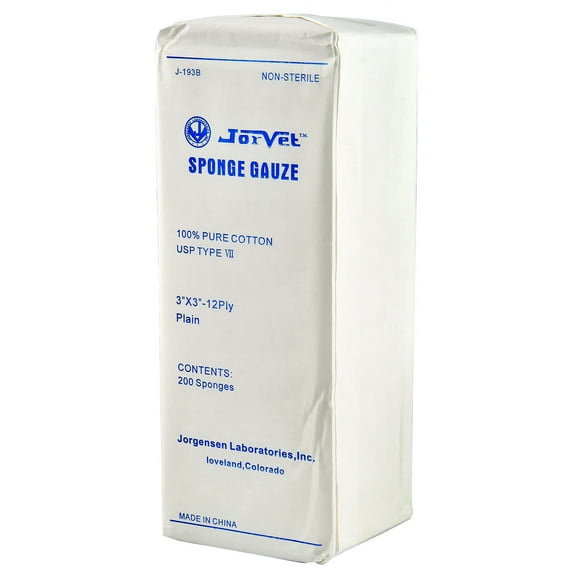 JorVet Premium 3" x 3" Cotton Sponge Gauze Pads | High Absorbency, USP Grade Sponges for First Aid | Wound Care Sponges for Veterinary Use | 200 Count