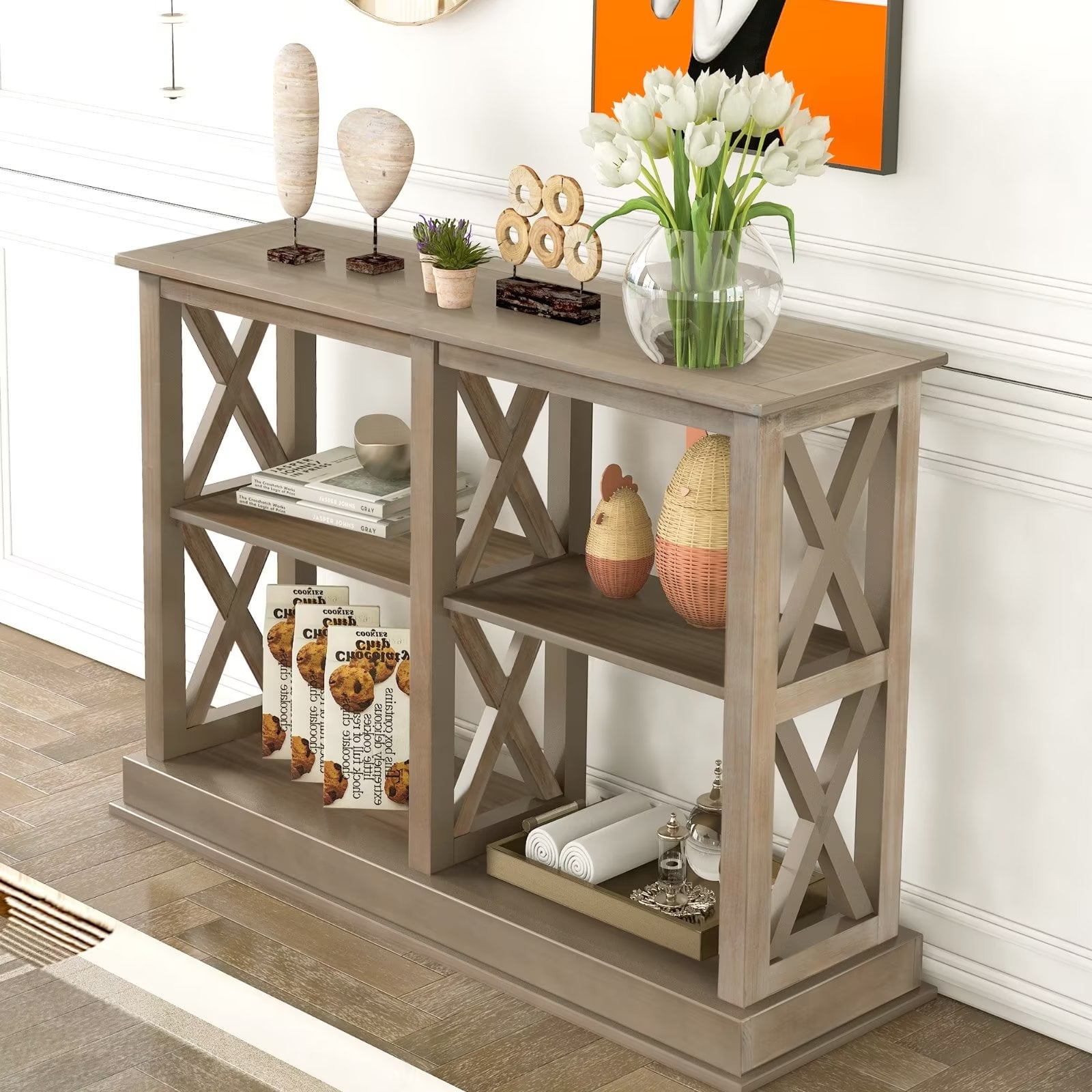 Narrow Console Table with 3-Tier Open Storage Shelves and X-shaped Legs ...