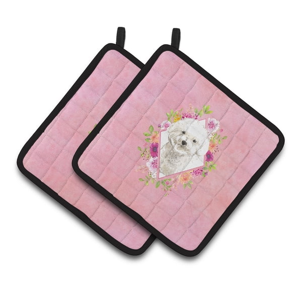Bichon Frise Pink Flowers Pair of Pot Holders