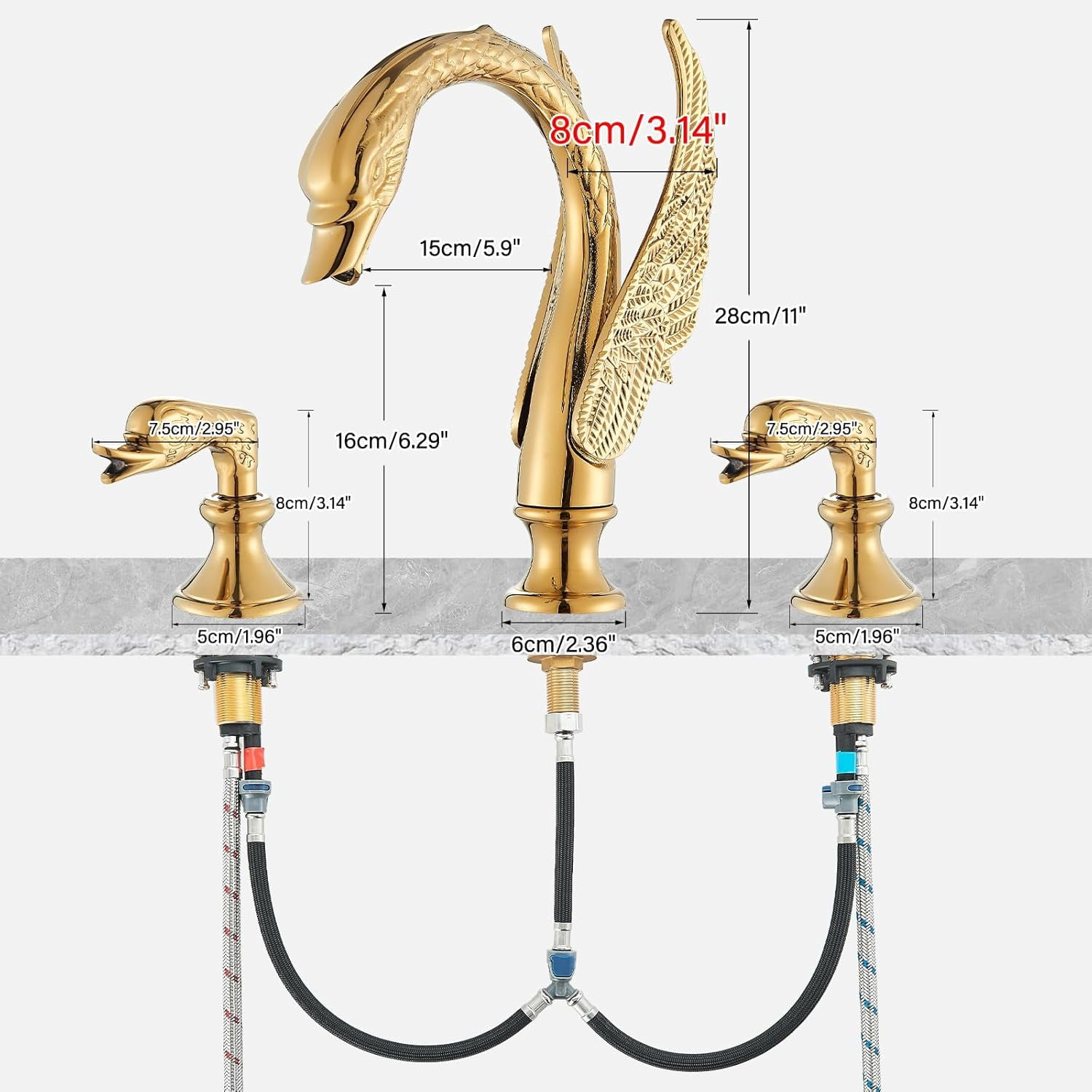 Gold Swan Bathroom Sink Faucet 3 Holes Dual Handle Basin Mixer Taps Deck Mounted