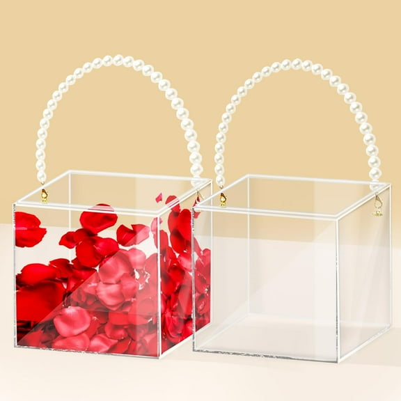 2Pcs Flower Girl Basket set of 2 Plastic Wedding Basket Petals Basket with Pearl Handle Clear Flower Holder for Confetti,Wedding Home Decoration