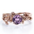 thumbnail image 1 of JeenMata Anillo de Bodas Solitario con Hoja y Enredadera Amatista Violeta de Talla Redonda de 0,5 TCW; Baño de Oro Rosa de 18 K sobre Plata, 1 of 6