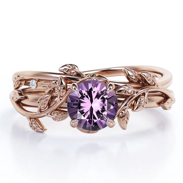 JeenMata Anillo de Bodas Solitario con Hoja y Enredadera Amatista Violeta de Talla Redonda de 0,5 TCW; Baño de Oro Rosa de 18 K sobre Plata