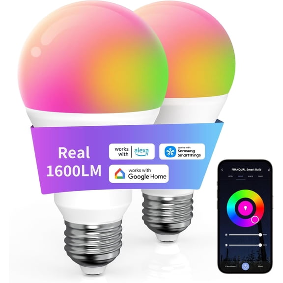 Smart Light Bulbs Work with Alexa Apple Google Home, 1600LM Ultra Bright Smart Bulb, 13W 150W Equivalent RGBCW Color Changing Light Bulbs 2P, Bluetooth 2.4GHz Wi-Fi A21 E26 App YANTON Light Bulb