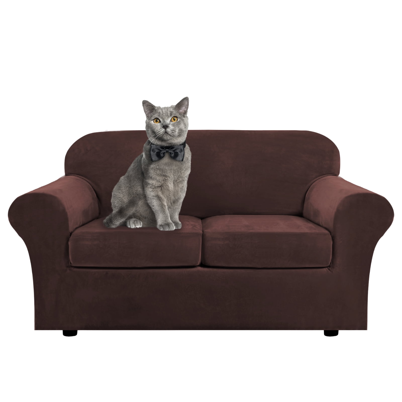 SHANNA Sofa Covers Stretch Velvet Couch Covers with Seperate Seat Cushion Covers, Armchair /Loveseat / Sofa Slipcovers (Dark Brown, Loveseat Cover)