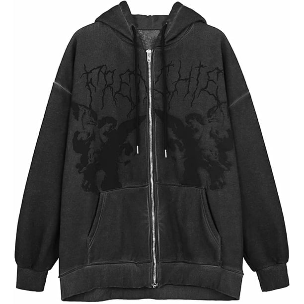 Sudadera con capucha con estampado de retrato para mujer, Tops cortos, cárdigan de manga larga con cremallera de gran tamaño, sudadera, ropa informal gótica Punk con bolsillo Adepaton WMZL-2185-1