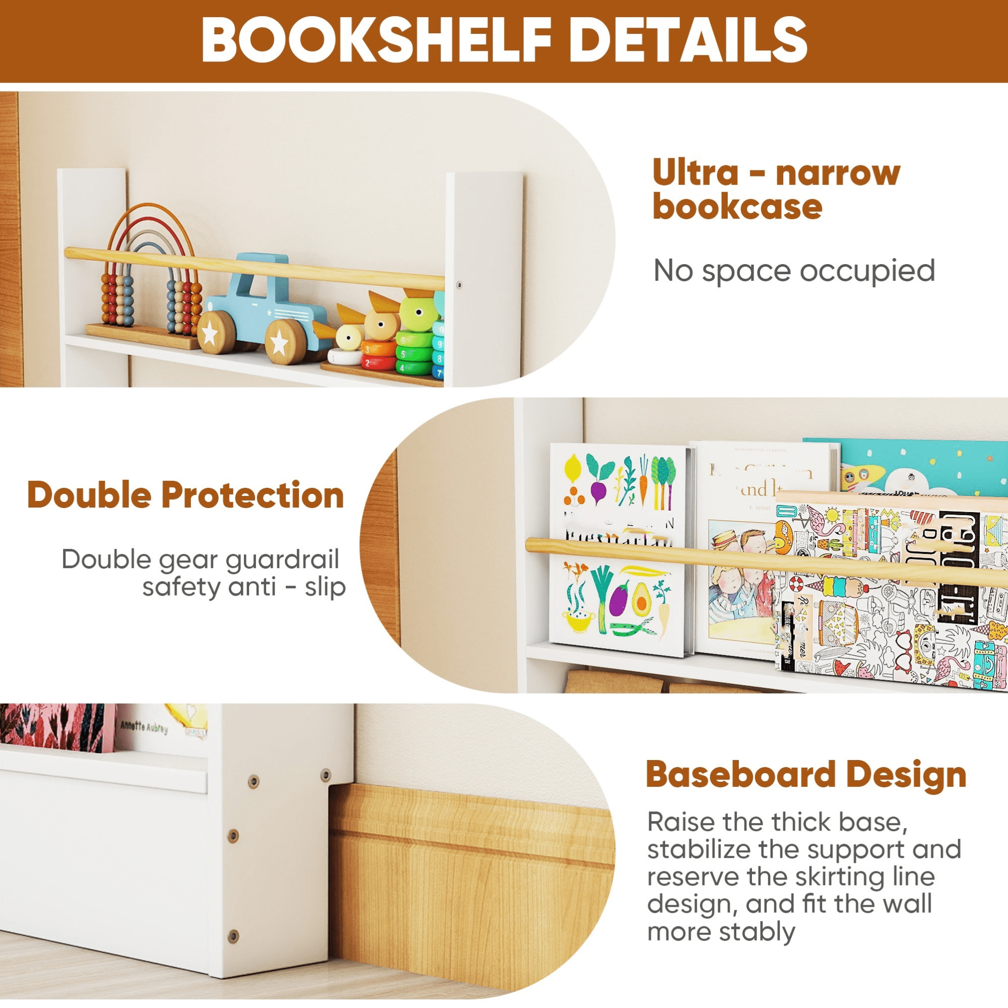 VGBYUJ Behind Doors Bookshelf, 4 Tier Wall Mount Boookcases, Thin Bookshelf for Narrow Space, Solid Wood, White