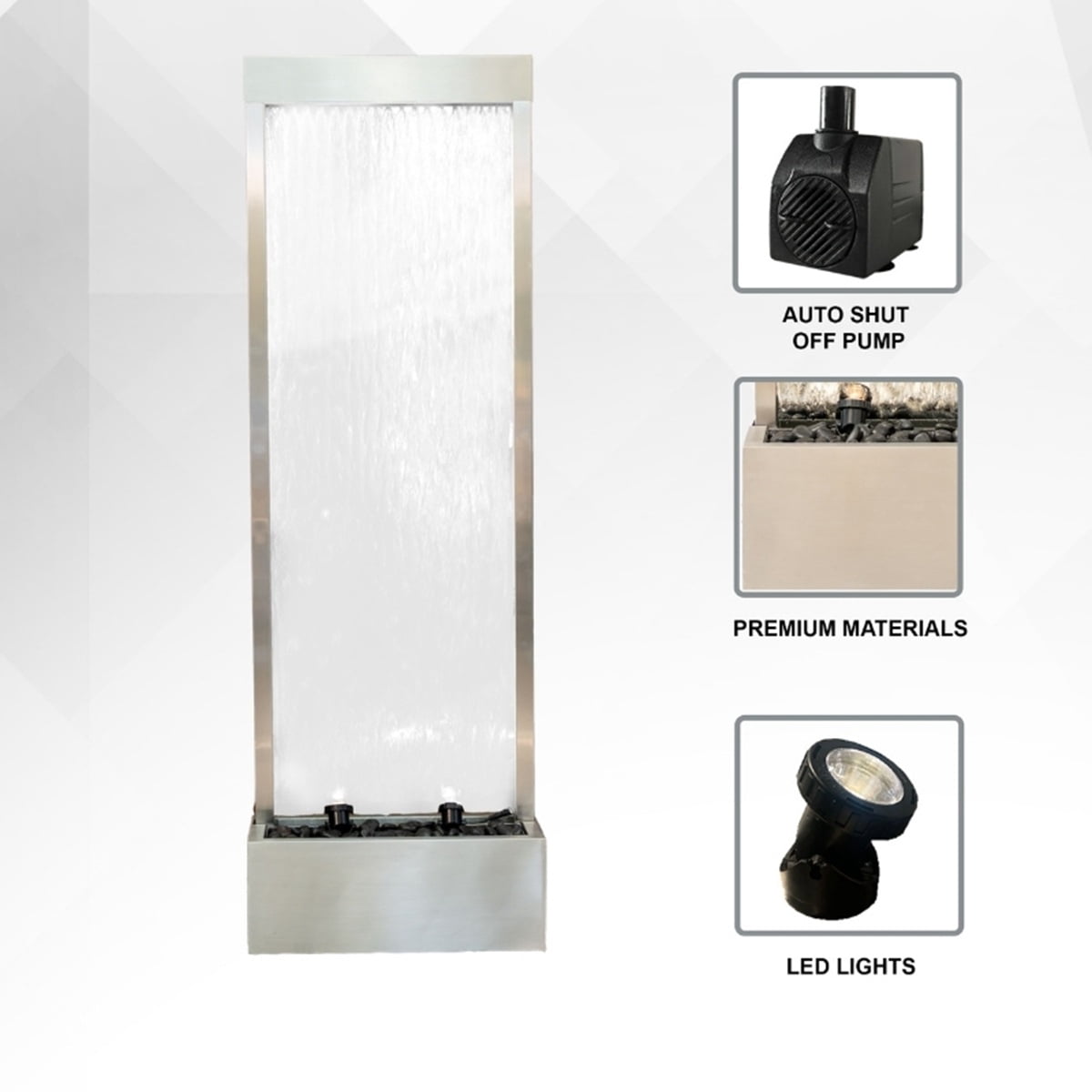 XBrand 68" H Freestanding Modern Indoor/Outdoor Waterfall Fountain w/ Decorative Rocks, LED Lights & Auto-Shut Off Pump, Stainless Steel Silver Frame/Mirror Glass, Silver