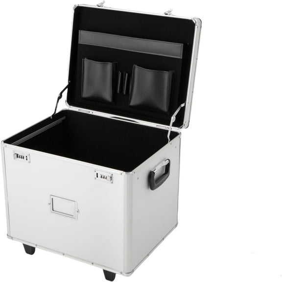 Portable File Storage Box with Handle - 19.2" x 15" x 16" Letter/Legal Size Mobile Lock Box, Aluminum Alloy Fireproof File Box with Wheels, Double Combination Locking Cabinet - Black (Silver)
