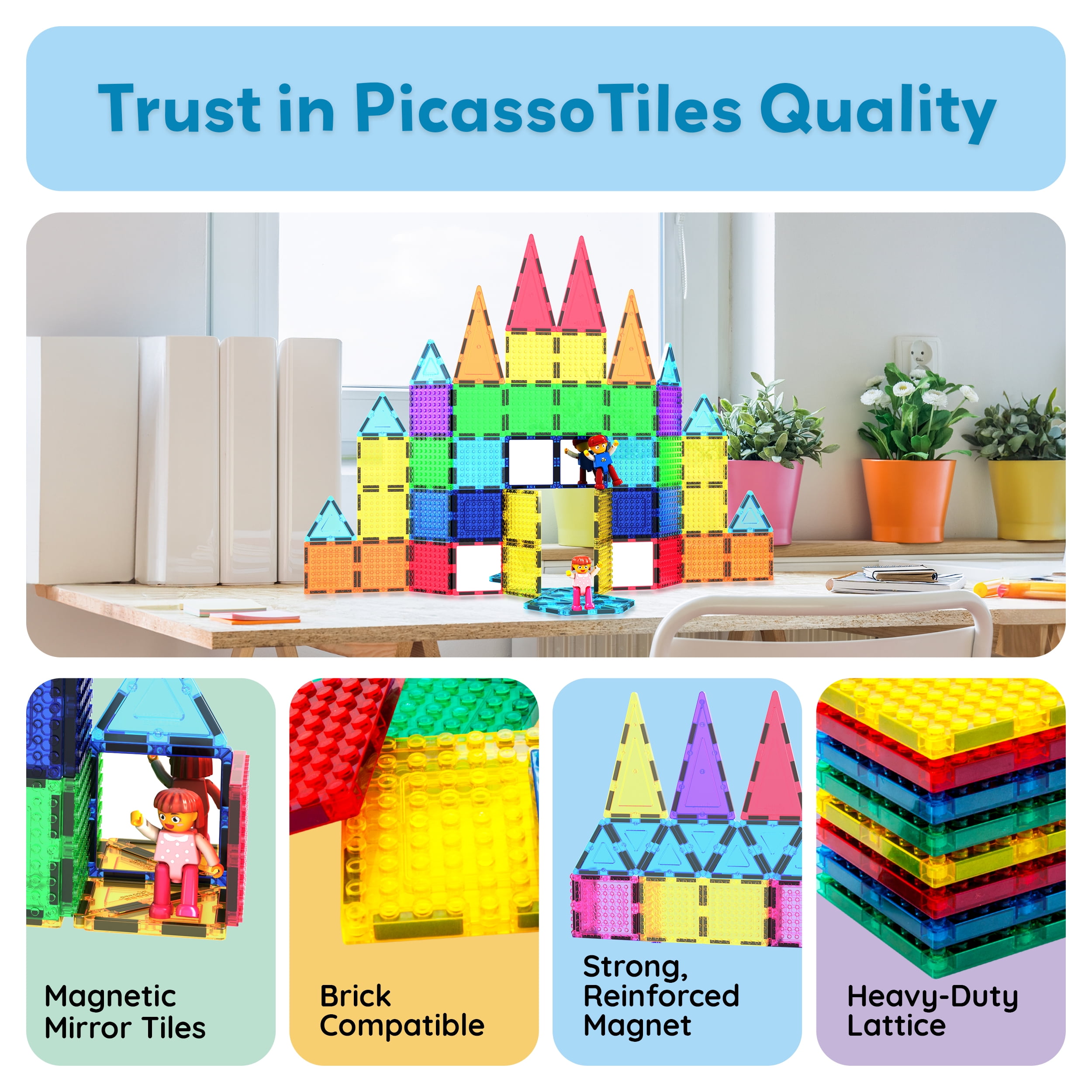 PicassoTiles 333pcs Magnetic Brick Tile and Magnetic Tile Combo Set， Action Picasso Tiles - Magnetic Building Bricks And Tiles - 333 Pcs