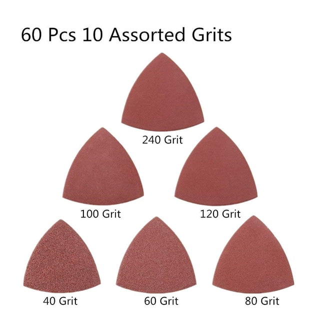60pcs Triangular Hook and Loop Triangle-Sandpaper, Fit 3-1/8 Inch Oscillating Multi Tool Sanding Pad, Assorted 40 60 80 100 120 240 Grits