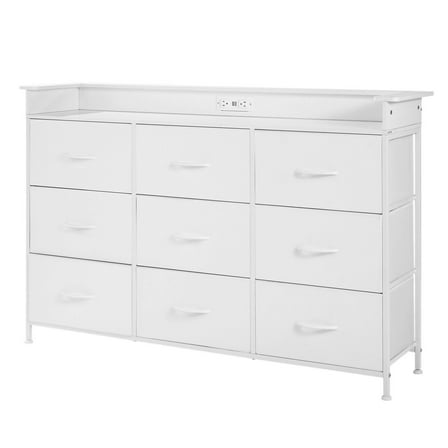 9-Drawer Tall Dresser with Fabric Bins, LED Light & Outlet - Modern Storage Cabinet for Bedroom, Closet or Nursery - White Finish, Space-Saving Design