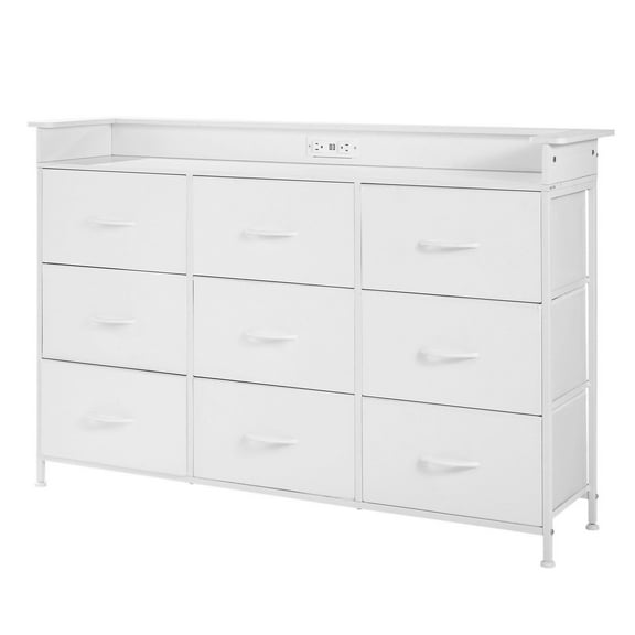 9-Drawer Tall Dresser with Fabric Bins, LED Light & Outlet - Modern Storage Cabinet for Bedroom, Closet or Nursery - White Finish, Space-Saving Design