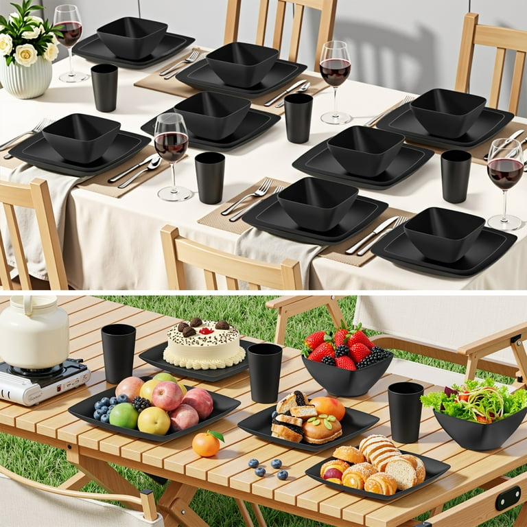 GPED 32 Pcs Wheat Straw Square Dinnerware Sets For 6, Unbreakable