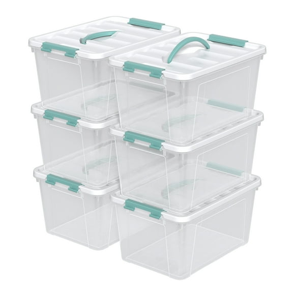 Zopnny 14 Quart Plastic Lidded Storage Bin with Handle, Clear Latching Box with White Lid, 6 Packs