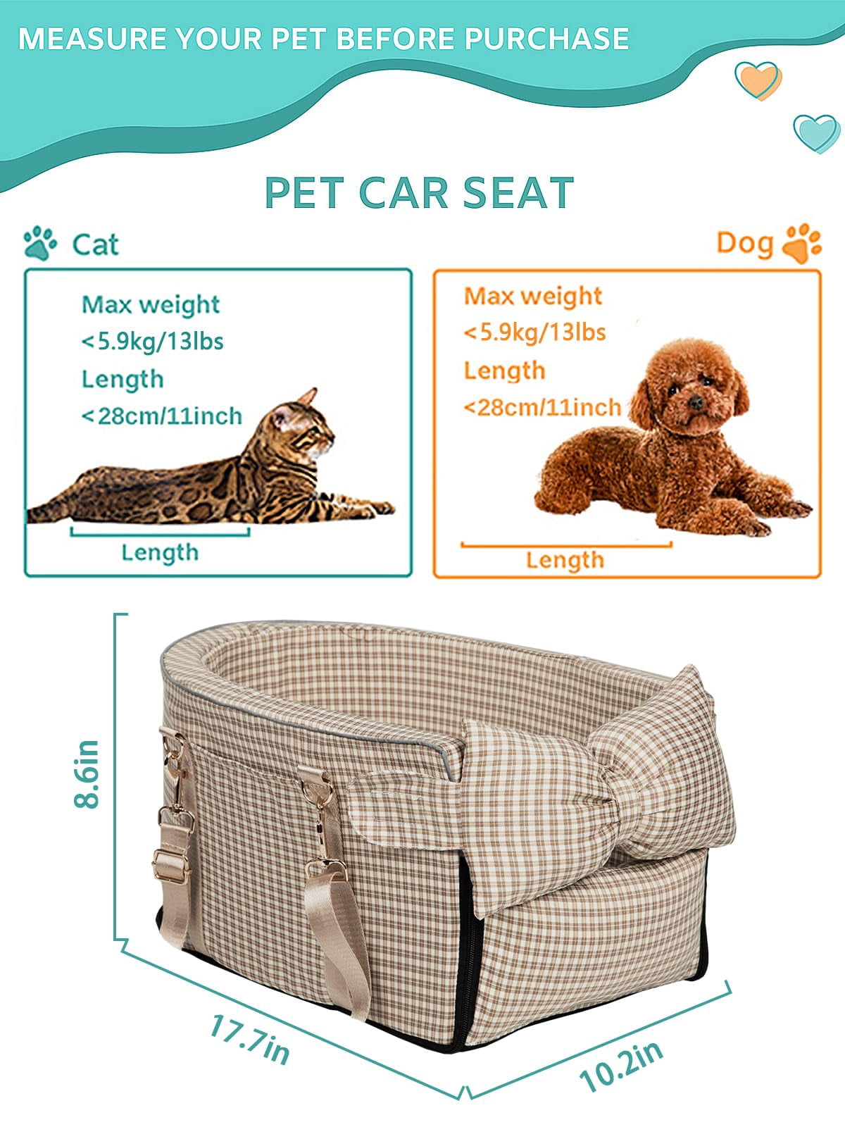 Dog Car Seat For Small Dogs Center Console Puppy Anti-collapse Pet With Soft Cushion Safety Belt  Portable Armrest & Cat Under 15 Lbs (grid-brown)