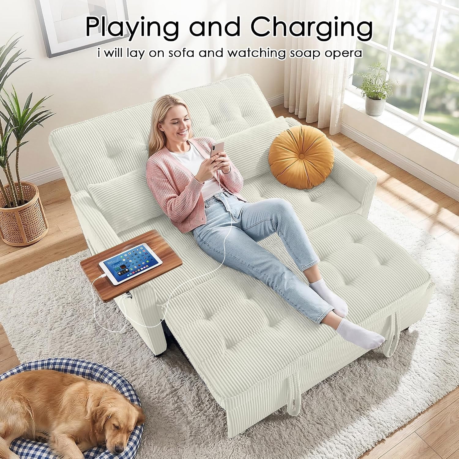 55" Sleeper Sofa Bed, Convertible Pull Out Couch with Side Stand, USB Ports, Side Pockets, Corduroy Fabric, Adjustable Backrest, Beige