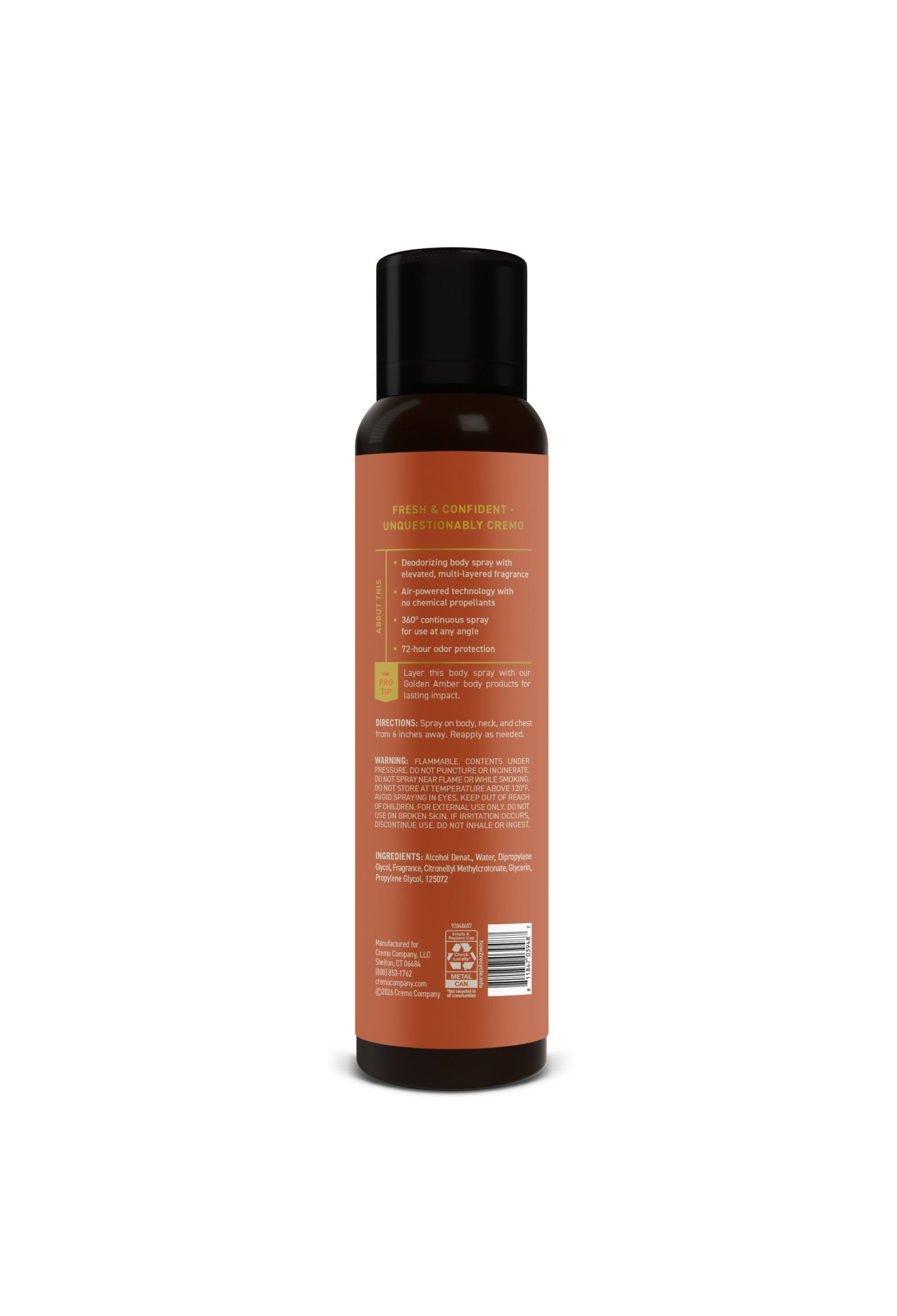 Cremo Body Spray Deodorant for Men, Golden Amber Scent, 3.5 oz