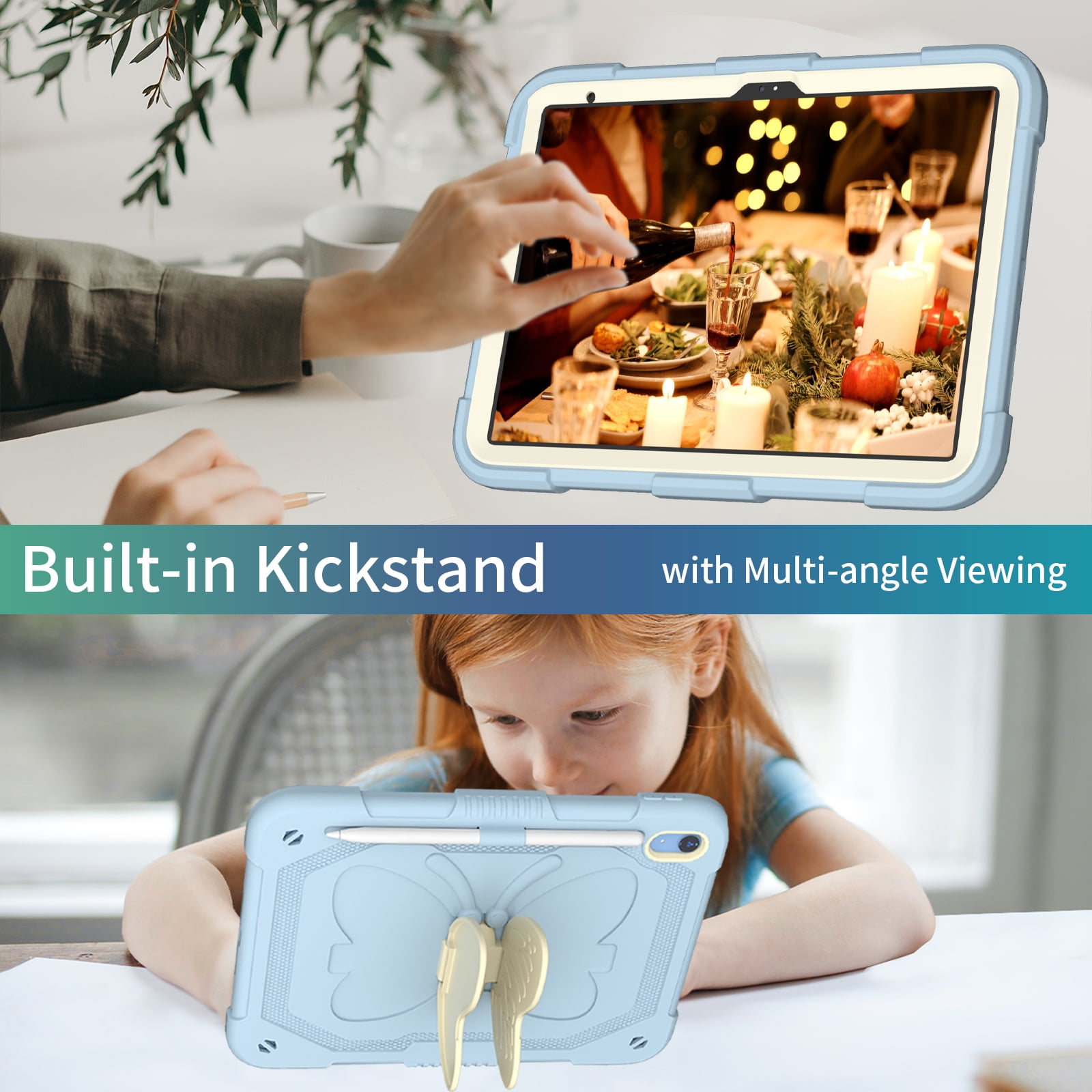 iPad 10th Generation 10.9 Inch 2022 Case with Kickstand Butterfly Wings Pencil Holder, TECH CIRCLE Heavy Duty Hard Rugged Protective Kids Girls Cover for iPad 10th Gen 10.9 Inch 2022,Blue+Beige