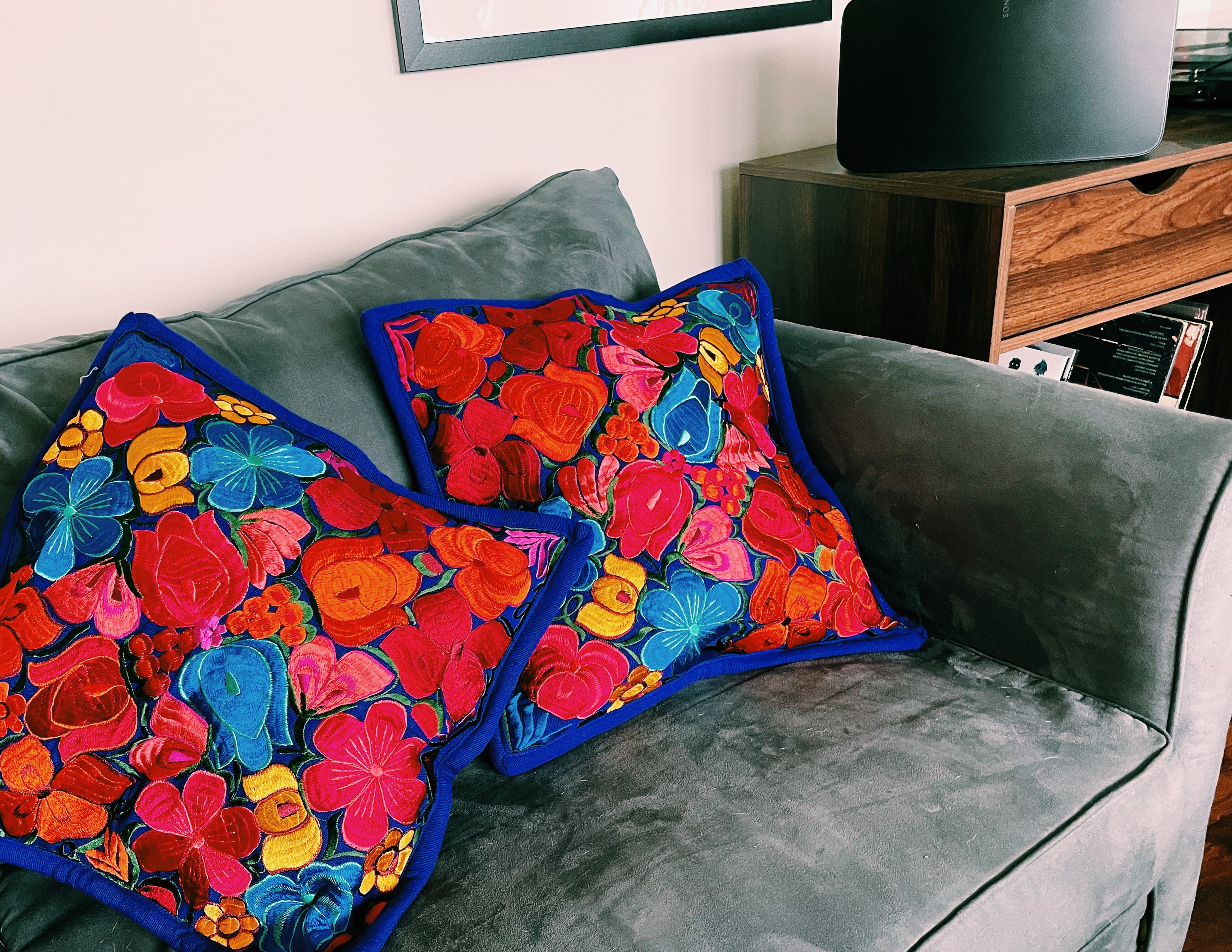 Embroidered pillow case - Blue| flowers | Mexican colorful decorative pillow cover | colorful home decor | flowers gift | Artisanal Handwoven