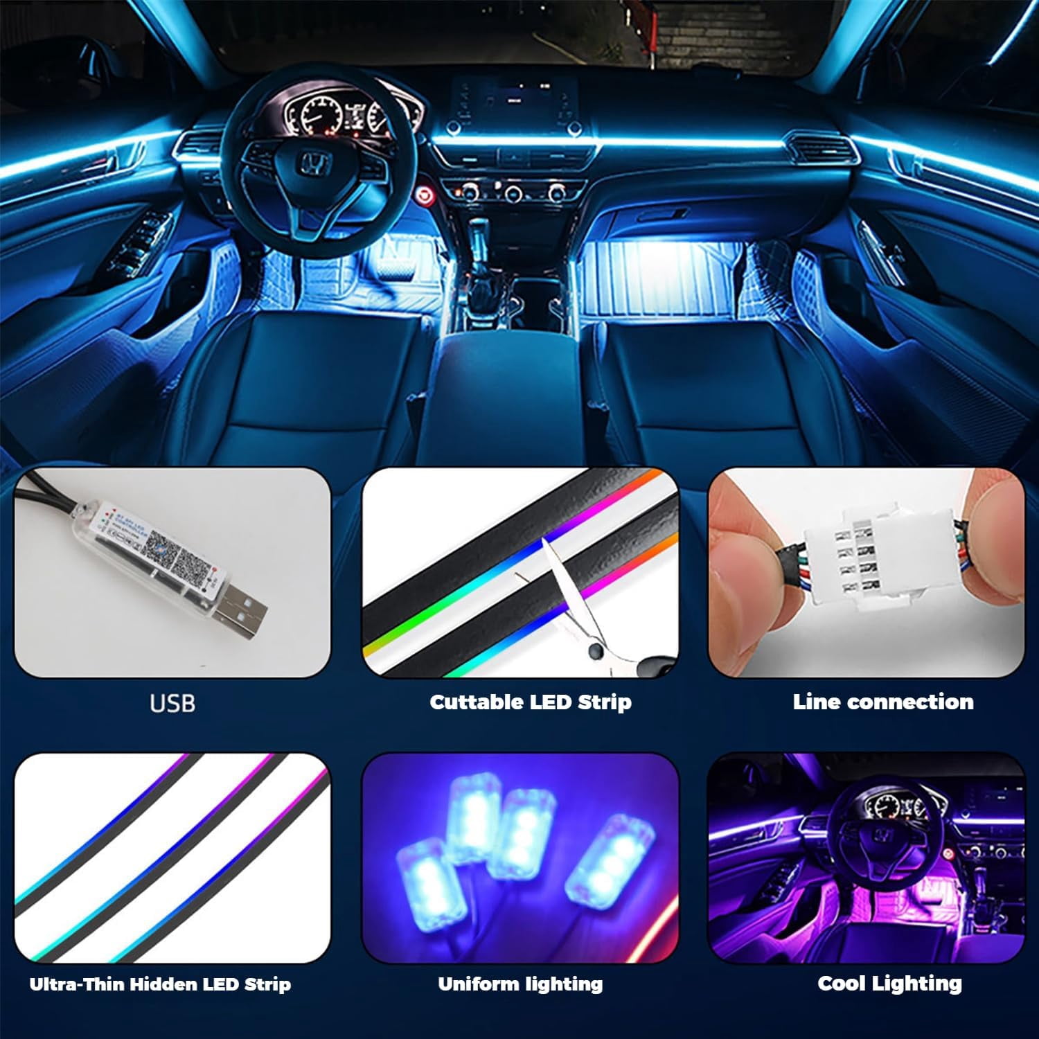 Road Glow Interior Lights, RoadGlow Interior Lights - Universal for All Vehicles/Customizable Colors/Remote Control/Music Sync/App Control, Road Glow LED Lights Interior (43.3 in * 1)