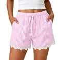 thumbnail image 2 of Omexry Jean Shorts Plus Size Women's Striped Lace Elastic Waist Drawstring Summer Shorts Lightweight Casual Beach Shorts with Pockets Pink L, 2 of 7