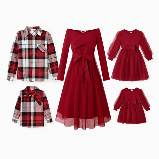 PatPat Conjuntos de blusas de cuadros para familias y vestidos con faja y corte de malla roja