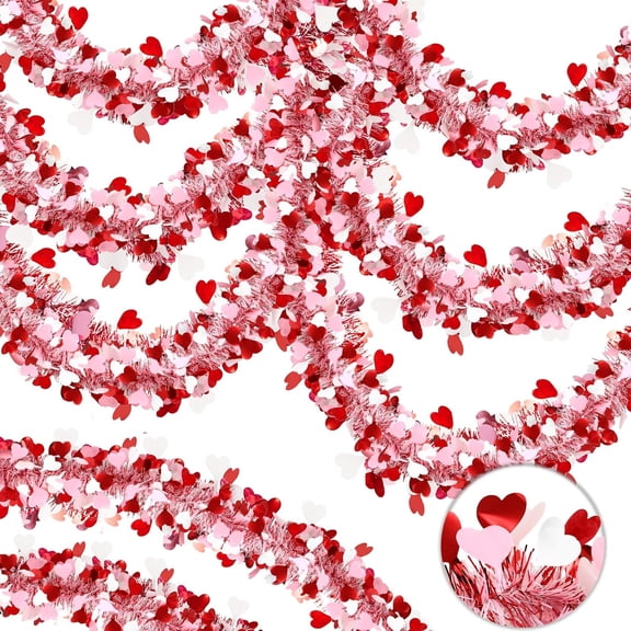 Valentine's Day Christmas Heart Tinsel Garland, 50FT Red Valentines Heart Tinsel Garland Twist Metallic Hanging Garland Tree Indoor Outdoor Wedding Valentine Christmas Decorations