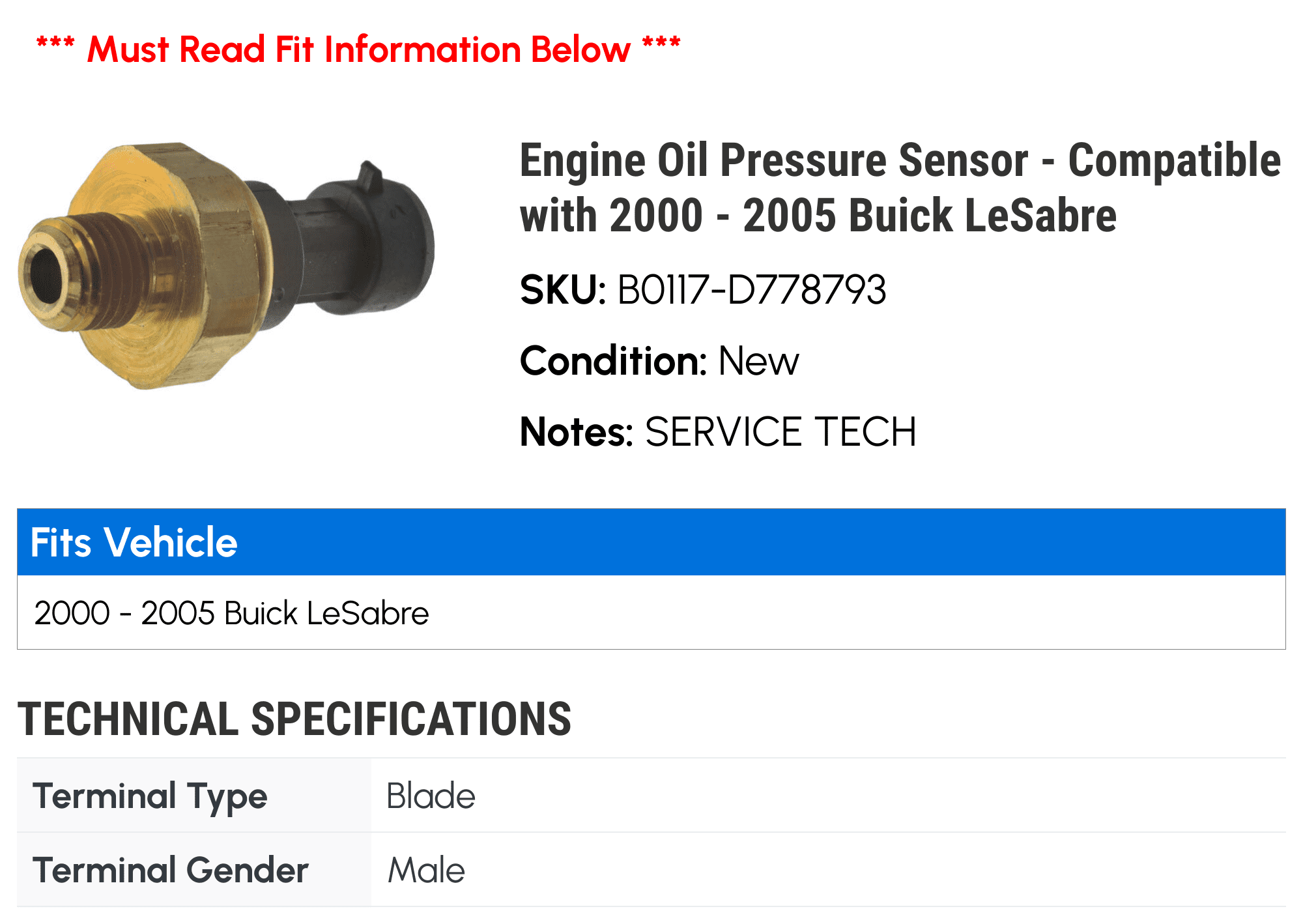Engine Oil Pressure Sensor - Compatible with 2000 - 2005 Buick LeSabre 2001 2002 2003 2004