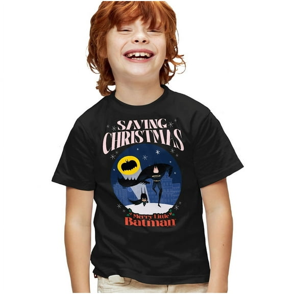 Merry Little Batman Saving Christmas Kids T Shirt for Youth Boys and Girls, Black, Large