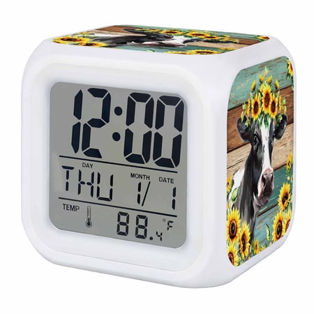 Alarm Clocks Yellow Sunflower Cow Digital Clock 7 Color LED Night Light Silent Non-Ticking Battery Operated Farm Animal Teal Wood Grain Cube Clocks for Bedroom Bedside Living Room Office School
