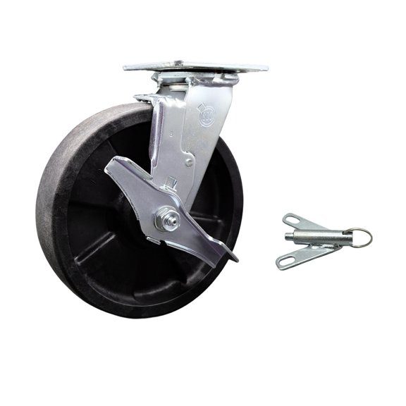 8 Inch SS Glass Filled Nylon Swivel Caster w/Delrin Bearing and Brake/Swivel Lck