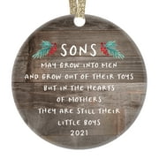 DIGIBUDDHA Gift for Son, Christmas Ornament Sons In The Hearts of Mothers Poem Present Idea, Mom from Child Xmas Ceramic Farmhouse 3" Flat Circle Porcelain with Ribbon & Free Box | OR00358