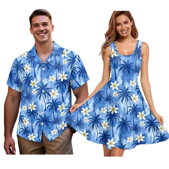 Jiueut Blue Palm Tree Plumeria Flower Pattern Matching Hawaiian Outfits for Couples Women's Summer Dress or Men's Cruise Shirt, Beach Vacation Tropical Sundress for Husband and Wife, XS