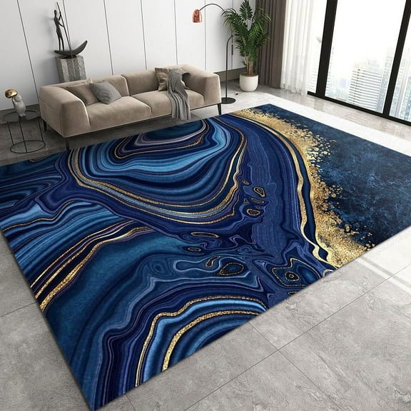 Nordic Style Area Rugs, Abstract Navy Blue Gold Marble Floor Carpet, Modern Soft Comfy Washable Non-Slip Living Room Rug For Room Living Room Office Indoor Hallway Decor Mats