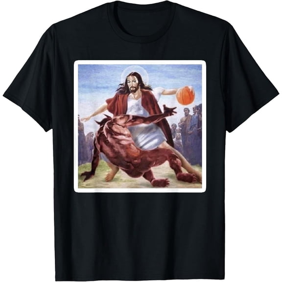 Men's Jesus Crossing Up Satan Basketball T-Shirt, Comfortable Breathable Soft Tee, Men's 100% Cotton Graphic T-Shirt 180gsm